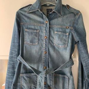 Lucky Brand Dungarees America Button up Denim Jean Jacket tie belt pockets cz XS